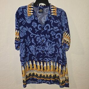 Corona Extra Hawaiian Shirt Mens 2XL Blue Tribal Floral Short Sleeve Camp Beer